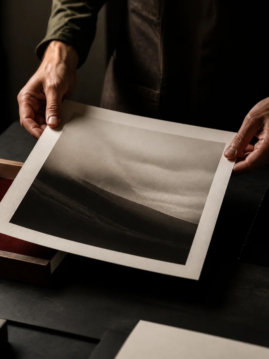 Una stampa fotografica appena realizzata viene sollevata con cura